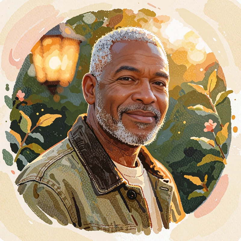 Illustrated portrait of a silver-haired man with a trimmed gray beard and an olive jacket, laughing kindly