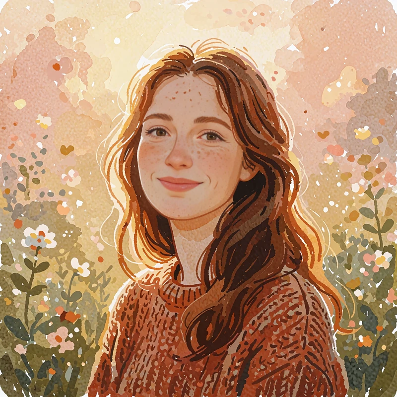 Illustrated portrait of a freckled woman with long auburn hair and a rust knit sweater, smiling warmly