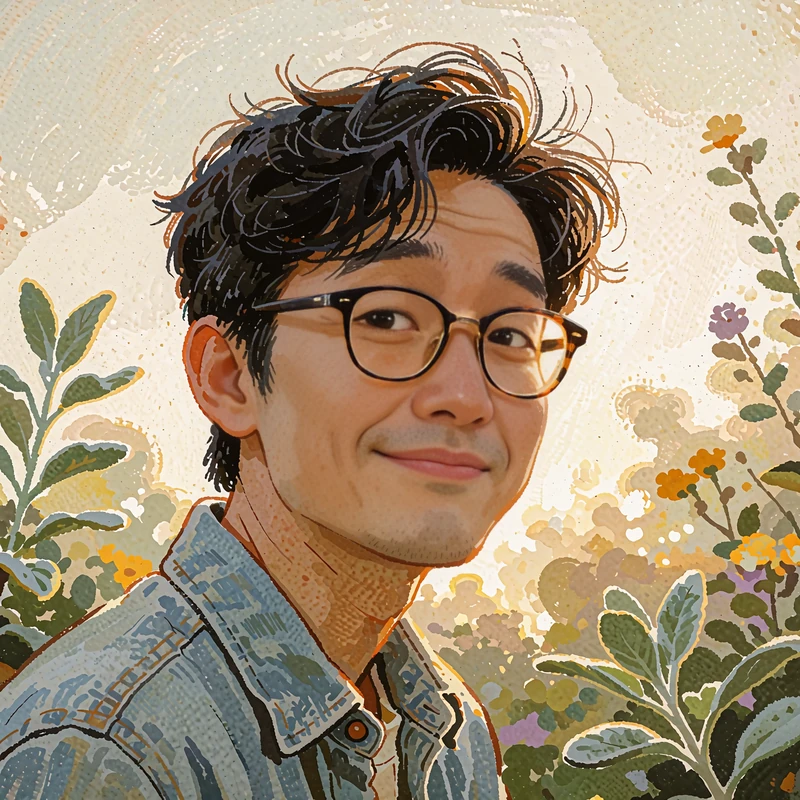 Illustrated portrait of a young man with tousled black hair and round tortoiseshell glasses, smiling shyly