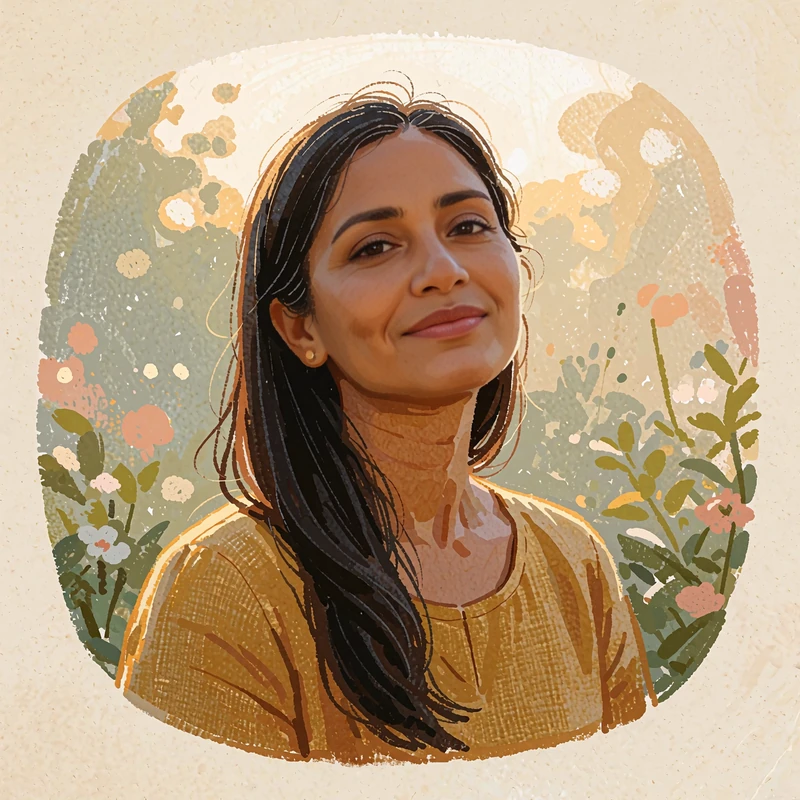 Illustrated portrait of a woman with long dark hair and a mustard linen top, smiling with calm confidence