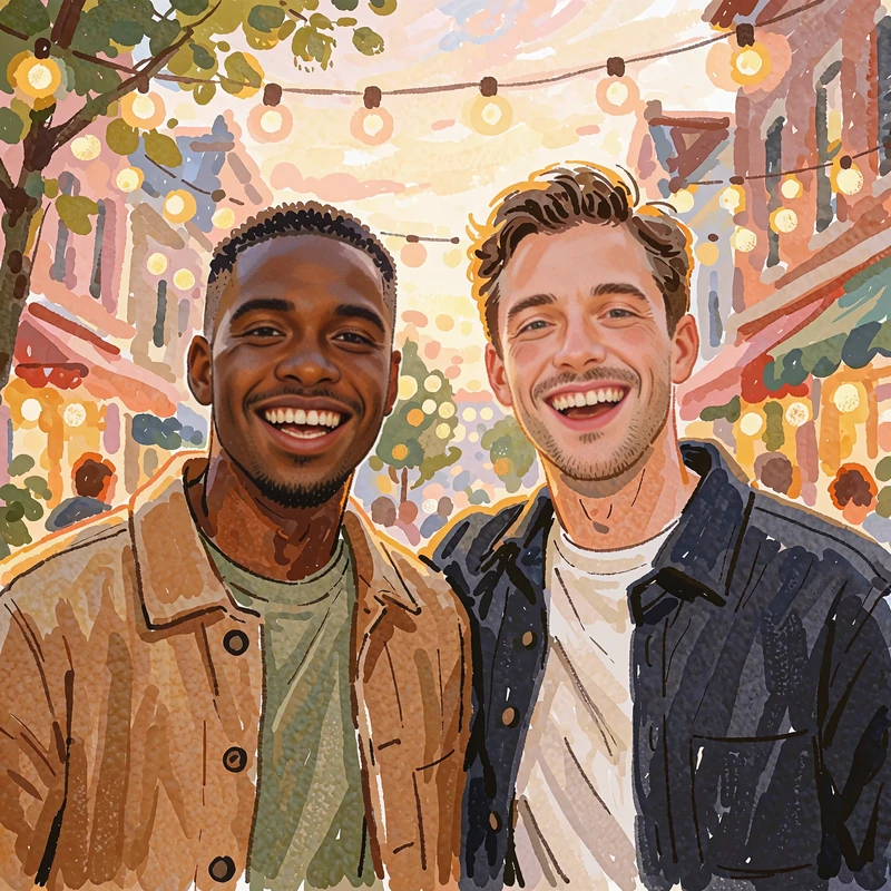 Illustrated pair of men in their thirties laughing shoulder to shoulder under warm evening string lights