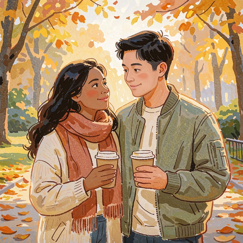 Illustrated couple in their late twenties holding coffee cups and smiling at each other on an autumn park path