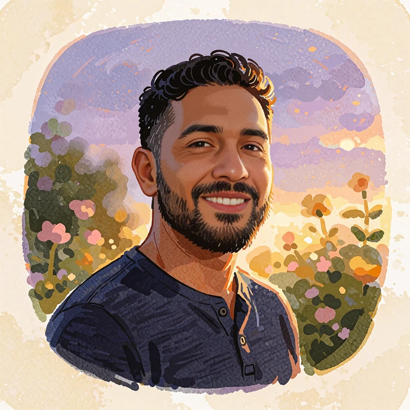 Illustrated portrait of a smiling bearded man in a navy henley, shown as a sample profile photo