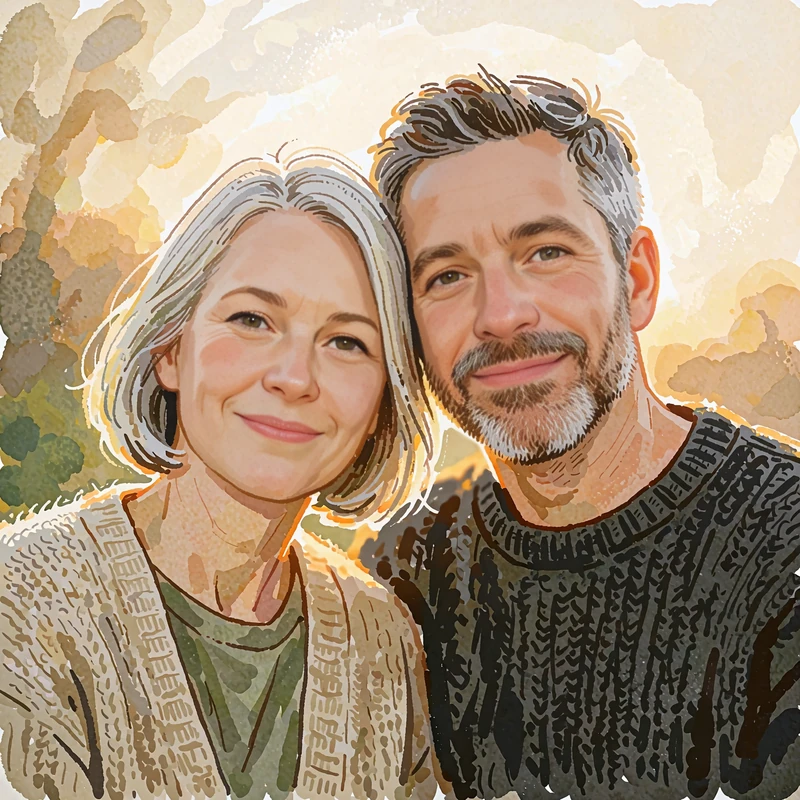 Illustrated couple in their fifties with silver and salt-and-pepper hair leaning cheek to cheek and smiling